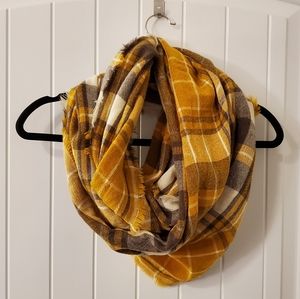 Gold Plaid Infinity Scarf with Fringed Edge